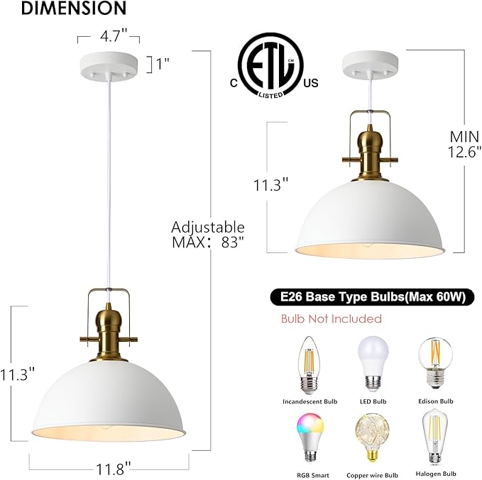 12 Inch Sandy White Farmhouse Pendant Lights Pendant Lights for Kitchen Island Industrial Adjustable Height Vintage Dome Hanging Light Fixtures for Barn, Dining Room 1 Pack