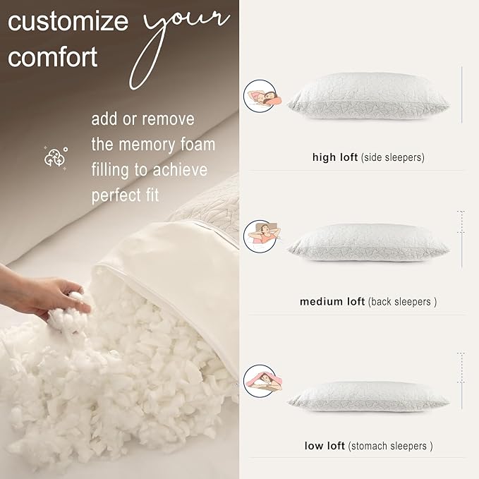 Memory Foam Pillows King Size Set of 2, Adjustable Bed Pillows for Sleeping, Shredded Memory Foam Pillows for Side Back Stomach Sleepers, 20 x 36 in