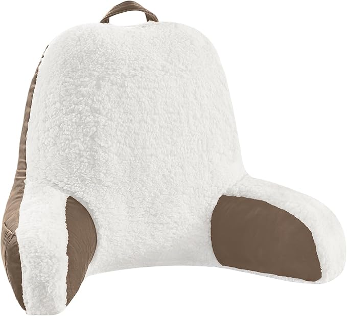 LOVTEX Reading Pillow with Removable Cover, Back Pillow for Sitting Up in Bed with Arms and Pockets, Sherpa Bed Rest Pillow Adult, 20 x 15 Inches(Brown and White)