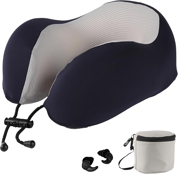 Travel Neck Pillow, Curved Ergonomic Design, Ice Silk Fabric is Comfortable and Breathable, The Pillowcase is Removable. Comes with Portable Storage Bag and Ear Plugs (Blue)
