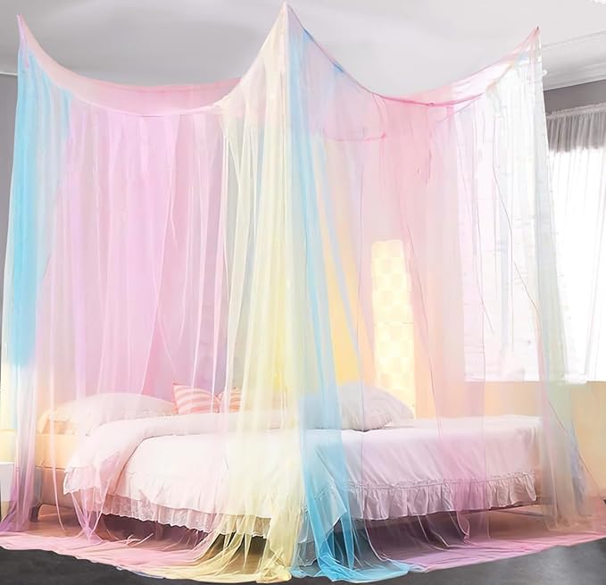 Curtains Bed Canopy Rainbow Mosquito Net for Bed Canopy Four Corner Post Elegant Mosquito Net Set, Stick Hook &Profession Rope for net, Screen Netting Canopy Curtains, Full/Queen/King