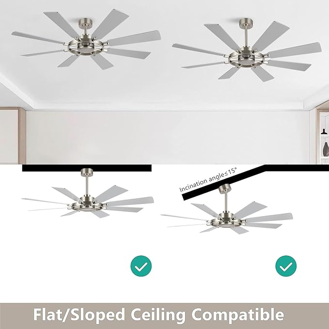 60 Inch Ceiling Fan without Lights, Wood 8 Blades 6-Speed Noiseless Reversible DC Motor, Modern Large Remote Control Ceiling Fan for Bedroom Dining Living Room, Nickel Finish+Silver