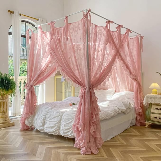 Mengersi Canopy Bed Curtains with Tie Backs,Princess Bed Canopy Curtains Bed Drapes Sheer Curtains for Bedroom Decor（Twin,Pink