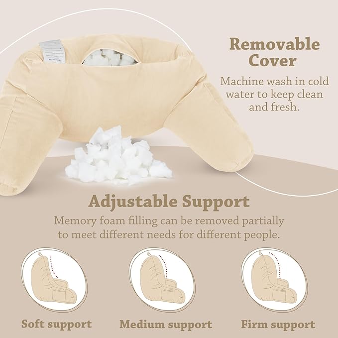 LOVTEX Reading Pillow with Removable Cover, Back Pillow for Sitting Up in Bed with Arms and Pockets, Bed Rest Pillow Adult, 20 x 15 Inches(Beige)