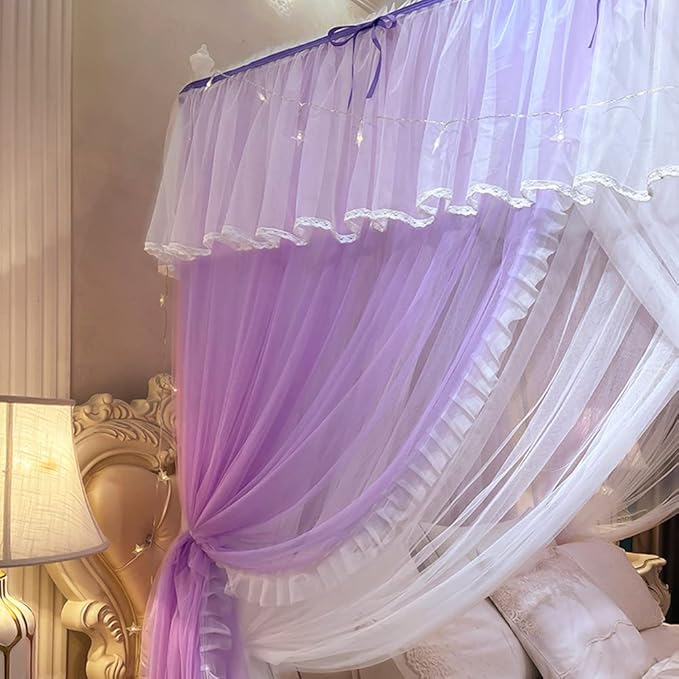 Mengersi Canopy Bed Curtains with Lights,4 Corner Bed Canopy Royal Luxurious Bed Drapes Netting,Princess Bed Curtains for Girls Adults Bedroom Decoration (Purple, California King)