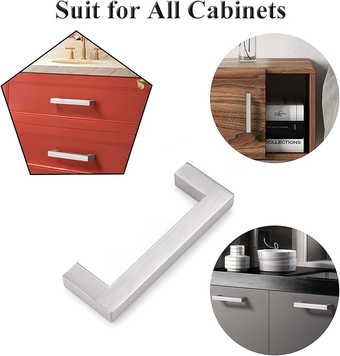 Probrico 10 Pack|Sqaure Kitchen Cabinet Pulls 3-1/2 inch Hole Center, Stainless Steel Furniture Cabinet Hardware, Brushed Nickel Cabinet Handles, 4 Inch Total Length