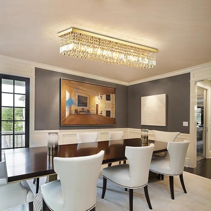 Siljoy 8-Lights Rectangular Flush Mount Ceiling Light Gold Rectangle Modern Crystal Chandelier Farmhouse Close to Ceiling Raindrop Pendant Light Fixture for Dining Living Room Kitchen Island L40''