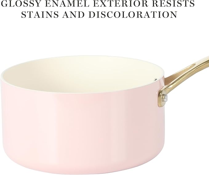 Martha Stewart Galway Premium Nonstick PFA Free Ceramic Interior 10 Piece Heavy Gauge Enamel Aluminum Pots and Pans Cookware Set W/Aluminum Lids - Pink W/Gold Handle