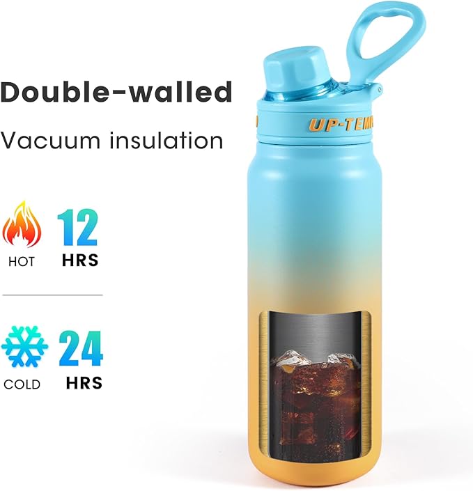 28oz Sports Water Bottle with Straw, Stainless Steel Vacuum Insulated Cooling Water Bottle, Leak Proof Metal Water Bottle, Double Insulated, Suitable for Sports, Gym and Travel (Light Blue & Yellow)