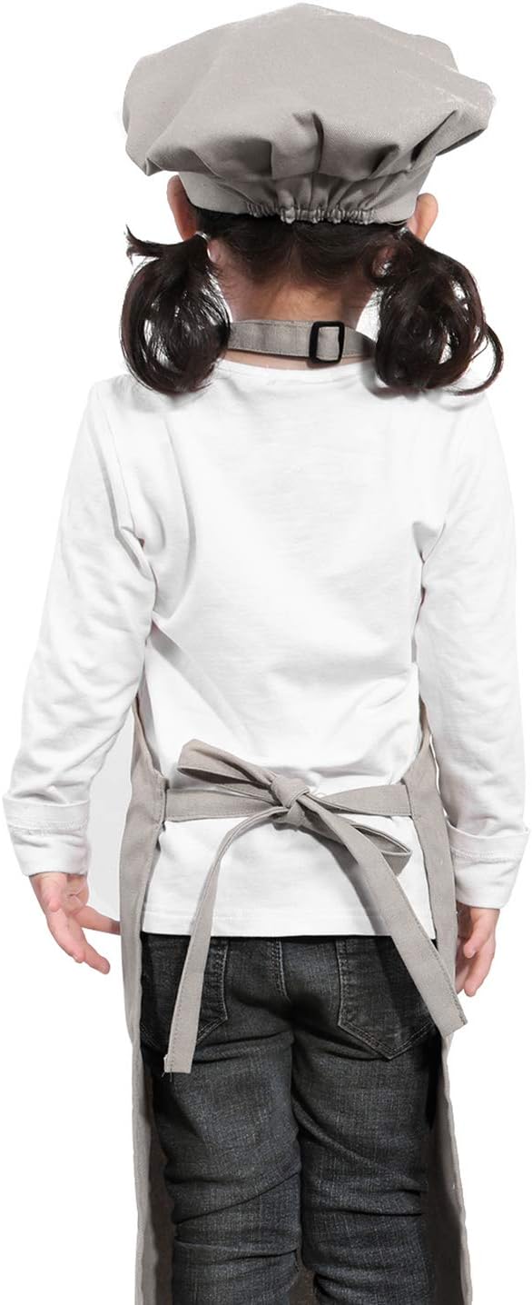 Kids Apron and Chef Hat Set-Adjustable Child Apron for Boys and Girls for Cooking Baking Light Gray