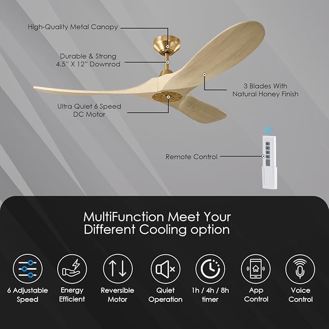 3MAVSM60BBSWWO Smart Maverick Ceiling Fan with Remote Control, Indoor or Outdoor, Compatible with Alexa & Google Voice (Burnished Brass with Washed White Oak Blades, 60-inch)