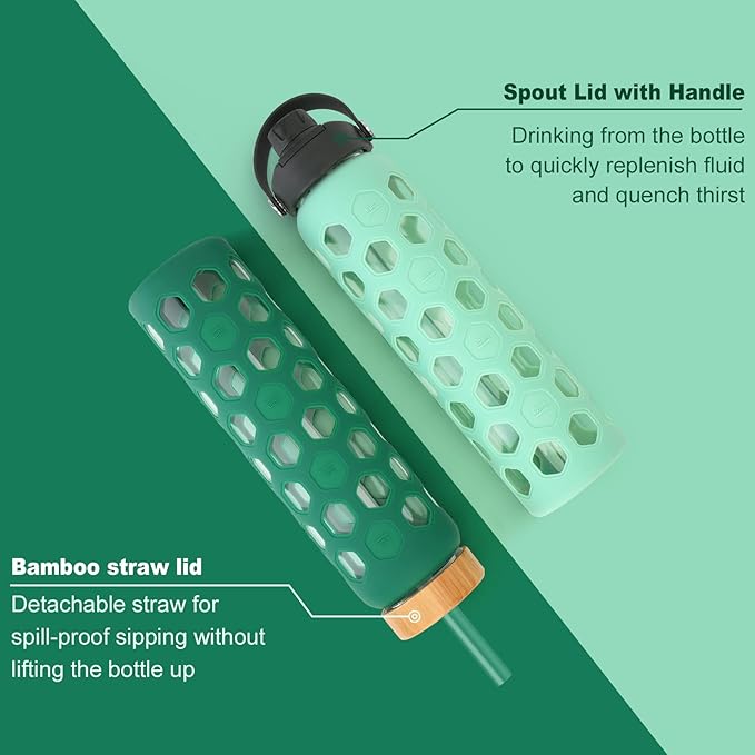 32oz Glass Water Bottles with 2 Lids-Bamboo Straw Lid & Spout Cap,Motivational Water Tumbler with Silicone Sleeve with Time Marker,Leakproof,BPA Free