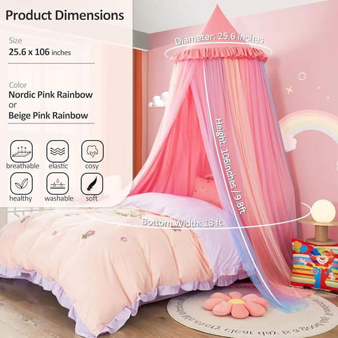 Kertnic Rainbow Bed Canopy for Girls Dreamy Mosquito Net for Bed Round Dome Princess Bed Canopy Girl Room Play Tent Kids Canopy Bed Netting Curtains (Nordic Pink Rainbow)