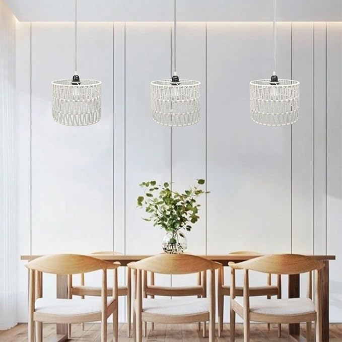 Hanging Lamp Plug in Rattan Hanging Lights with Plug in Cord, Woven Pendant Light with Smart RGB Bulb and Remote Control for Bedroom Living Room Farmhouse Kitchen (White, Barrel Shade)