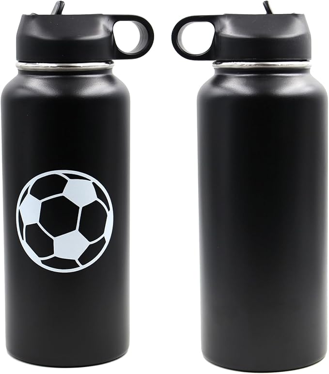 32 oz Soccer Water Bottle, Wide Mouth Travel Sports Flask with 2 Lids（Straw Lid+Flex Cap）BPA Free 18/8 Stainless Steel Double Wall Vacuum Insulated Water Bottles (32oz, Soccer)