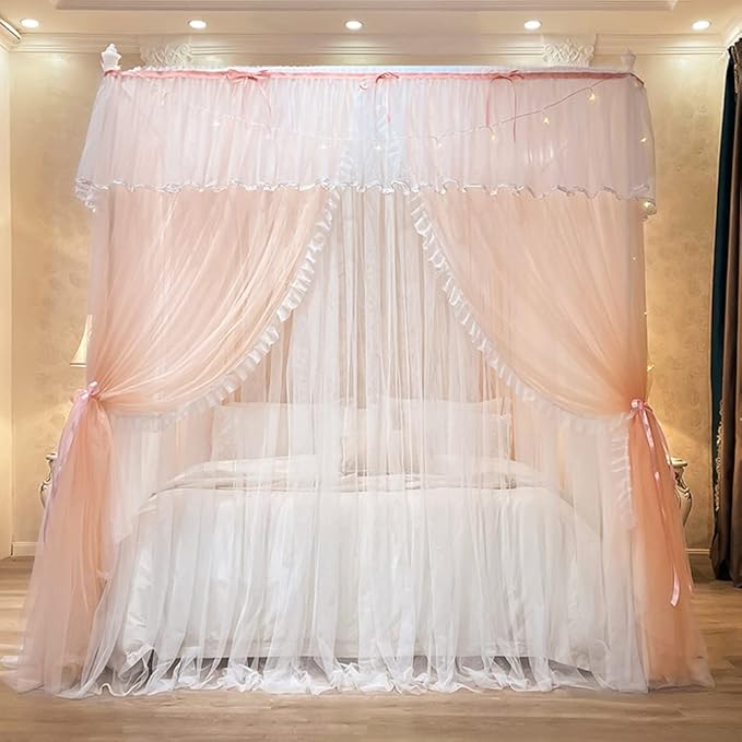 Mengersi Canopy Bed Curtains with Lights,4 Corner Bed Canopy Royal Luxurious Bed Drapes Netting,Princess Bed Curtains for Girls Adults Bedroom Decoration (Peach, California King)