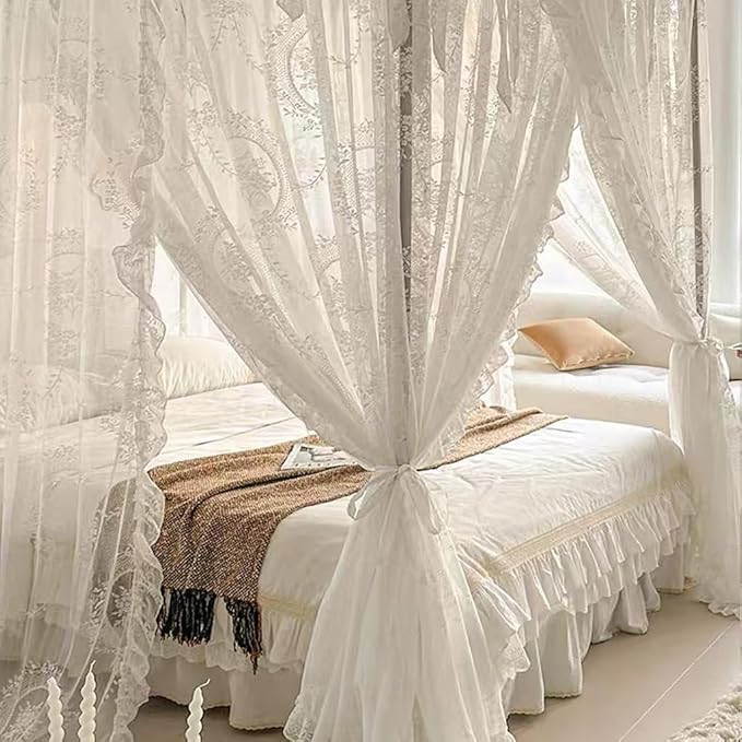 Elegant Lace Princess 4 Corner Post Mosquito Net Romantic for Girls Women Bed Curtain Canopy for Adult Wedding Bedroom Kids Rooms Decoration (Color-A, California King)