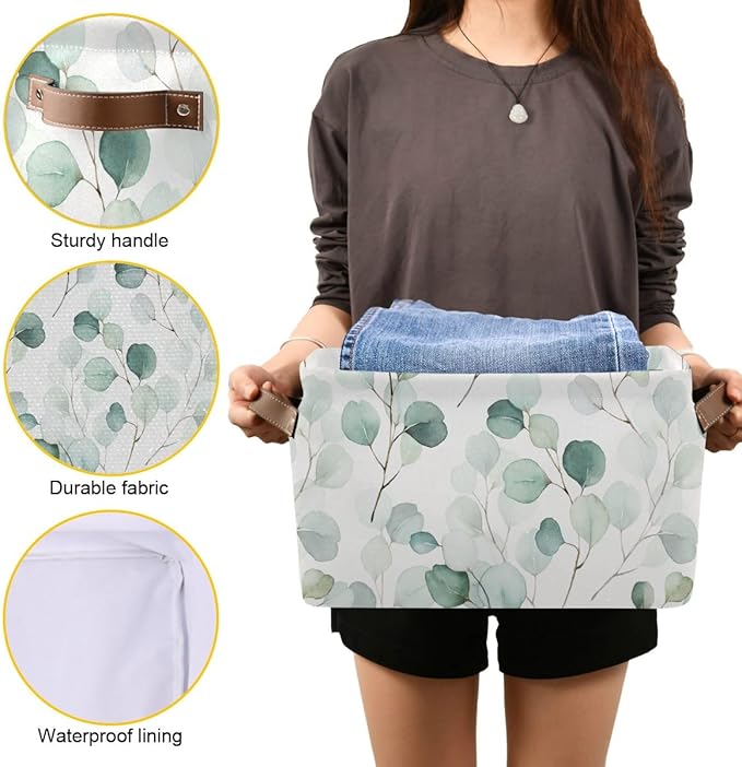 Wamika Leaves Flowers Storage Basket, Green and White Boho Botanical Foldable Storage Bins, 16x12x8 Inches, Durable Canvas Material, Easy to Clean, Collapsible for Space-Saving Storage