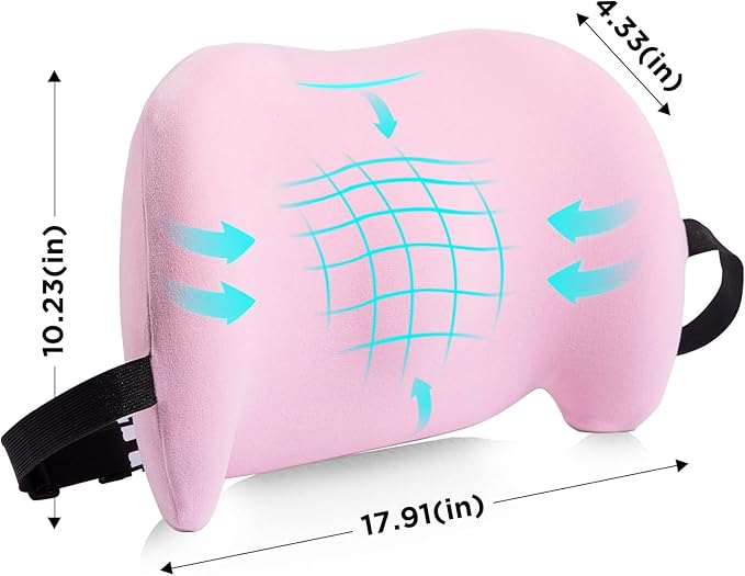 Lumbar Support Pillow for Office Chair, Car Lumbar Pillow Lower Back Pain Relief, Memory Foam Back Cushion with Adjustable Straps, Ergonomic Chair Back Pillow for Gaming Chair, Car, Bed (PINK)