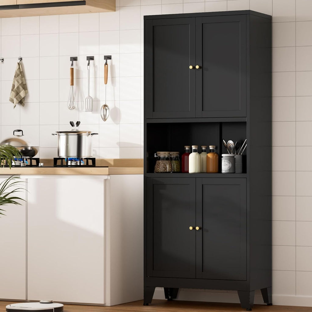 69" Tall Kitchen Pantry Cabinet, Metal Storage Cabinet with 4 Doors and Adjustbale Shelves, Freestanding Cupboards for Dining Room, Living Room, Bathroom
