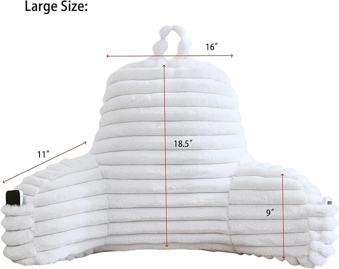 WERDIM Reading Pillow for Sitting in Bed, Faux Fur Back Pillow for Bed Rest, Bed Chair Pillow with Arms and Pockets(Large, White)