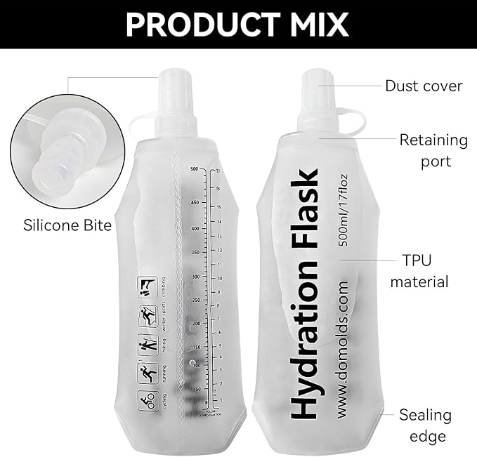2 Pack Premium Collapsible Water Bottle-150ml (5.29oz), Portable Soft Flask Water Bottle for Hydration Pack/Running Vest- Folding Water Bottle for Running, Hiking, Cycling (White 150ml*2)