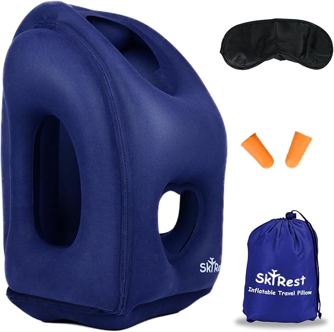 Inflatable Travel Pillow - Airplane Pillow for Neck Support on Long Flights, Buses, Cars, Office & Trains - Comes with Eye Mask, Earplugs & Portable Drawstring Bag -Blue