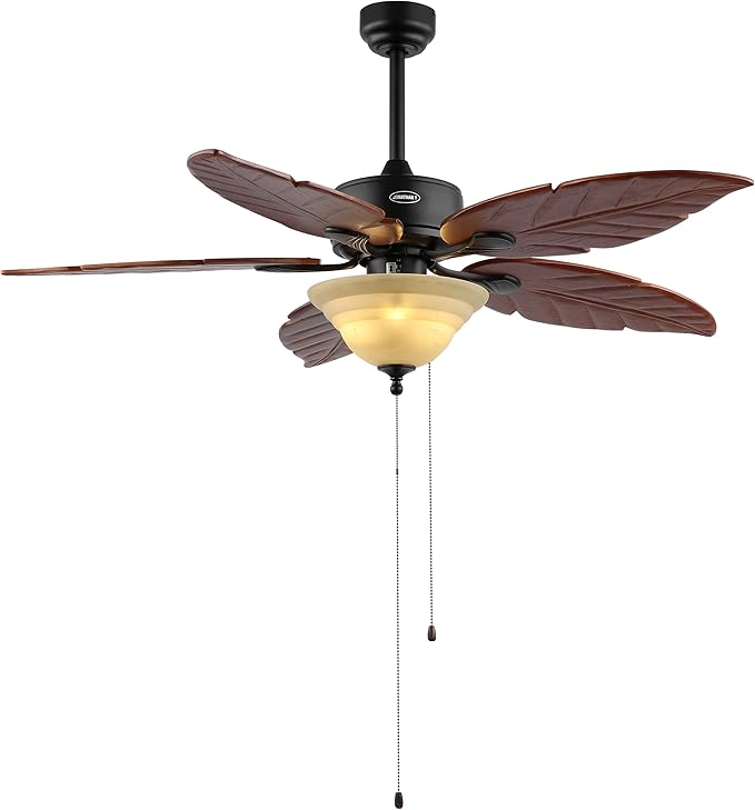 JONATHAN Y JYL9720B Poinciana 52" 3-Light Coastal Bohemian Iron/Wood Palm Leaf LED Ceiling Fan with Pull Chain Rustic, Eclectic, Transitional, Office, Living Room, Dining Room, Bedroom, Dark Brown