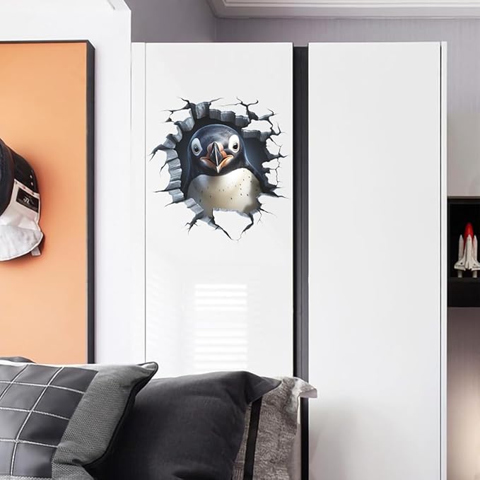 3 PCS Broken Penguin Wall Decals Break Through The Wall Penguin Wall Stickers Removable 3D Animal Wal Art Decor for Kids Room Playroom Nursery Bathroom