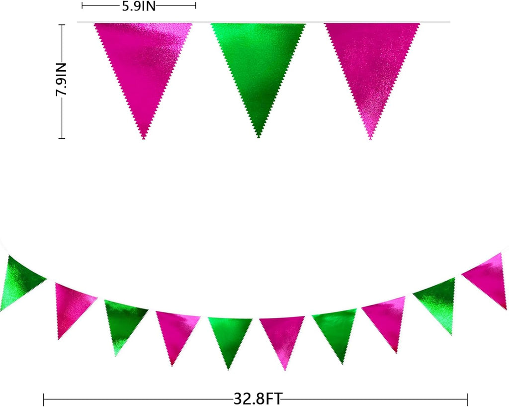 Pink and Green Party Decorations Metallic Hot Pink Light Green Fabric Triangle Pennant Banner Flag Bunting Garland for Witches Theme Birthday Wedding Baby Shower Engagement Bachelorette Party Supplies