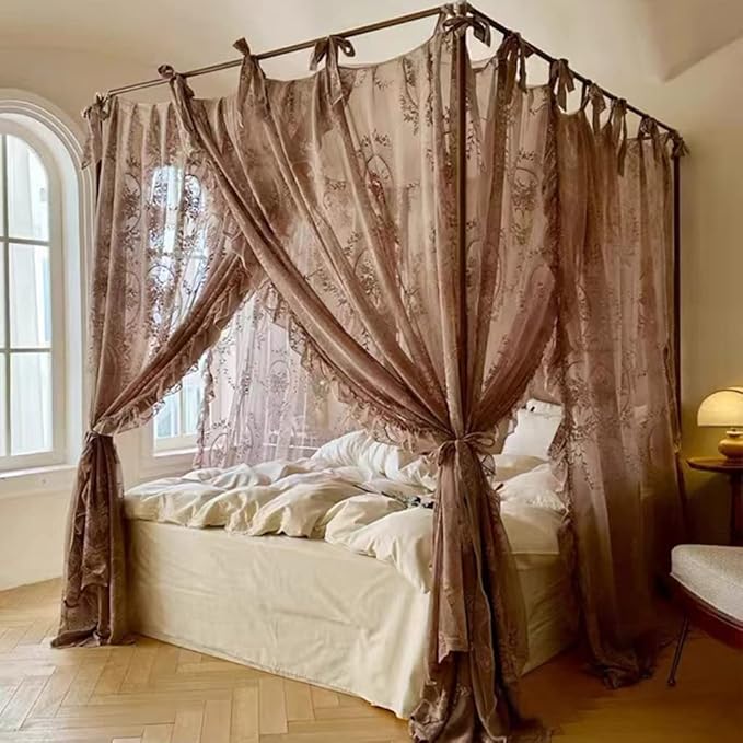 Elegant Lace Princess 4 Corner Post Mosquito Net Romantic for Girls Women Bed Curtain Canopy for Adult Wedding Bedroom Kids Rooms Decoration (Coffee, Full)