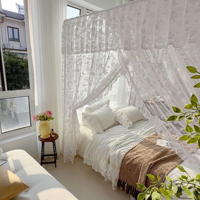 Elegant Princess 4 Corner Post Mosquito Net Romantic for Girls Women Bed Curtain Canopy for Adult Wedding Bedroom Kids Rooms Decoration (Type2-Beige-White, Queen)