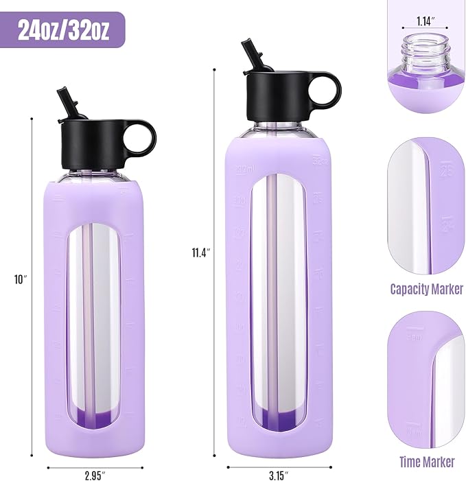 32oz Glass Water Bottle With 2 Lids-Flip Straw Lid, Bamboo Lid, Glass Water Bottle With Silicone Sleeve, Motivational Time Marker, Glass Juice Bottle for Cold Drink,Purple