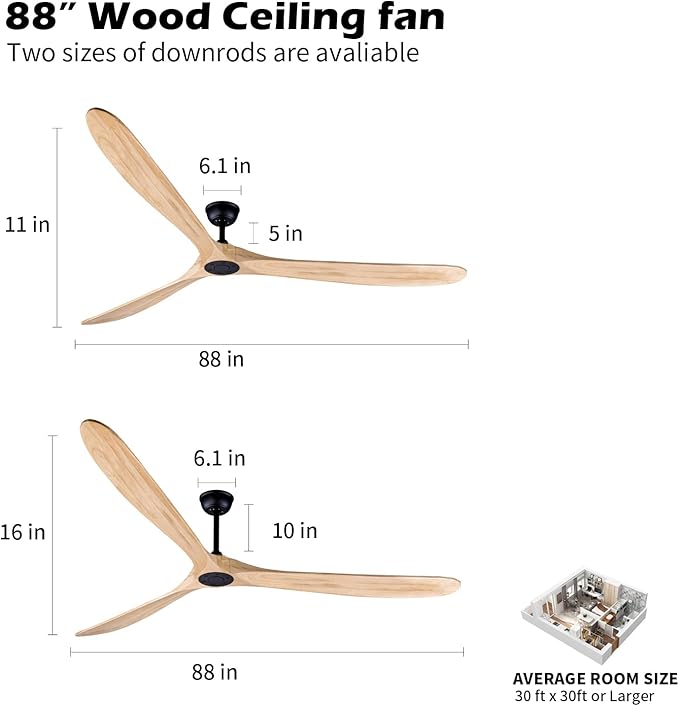 Bigzone 88" Large Ceiling Fan No Light With Remote, DC Motor Quiet Energy Saving,3 Balsa Wood Blades,Outdoor/Indoor Ceiling Fan With Reversible Blades