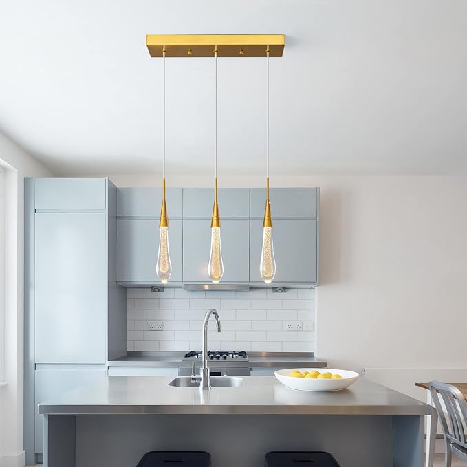 LMQNINE 3 Light Gold Pendant Light Ceiling Dimmable LED Modern Kitchen Light Fixtures Mini Teardrop Crystal Pendant Light for Kitchen Island Bedroom Hallway Entryway