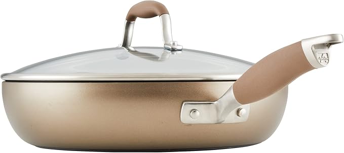 Anolon Advanced Hard Anodized Nonstick Deep Frying Pan/Skillet with Lid, 12 Inch, Aluminum, Bronze