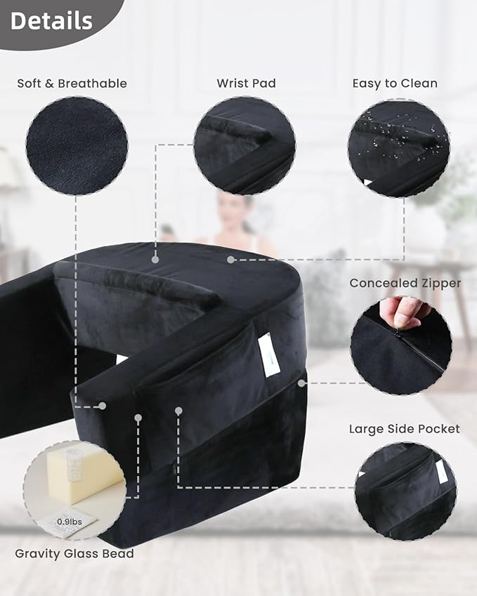 Weighted Idea Reading Pillow for Gaming, Extra Large Arm Rest Pillow for Adult，Lap Desk Pillow Gaming Pillow with 2 Side Pockets for Gaming, Reading, Working Sitting in Bed Floor Sofa (Black)