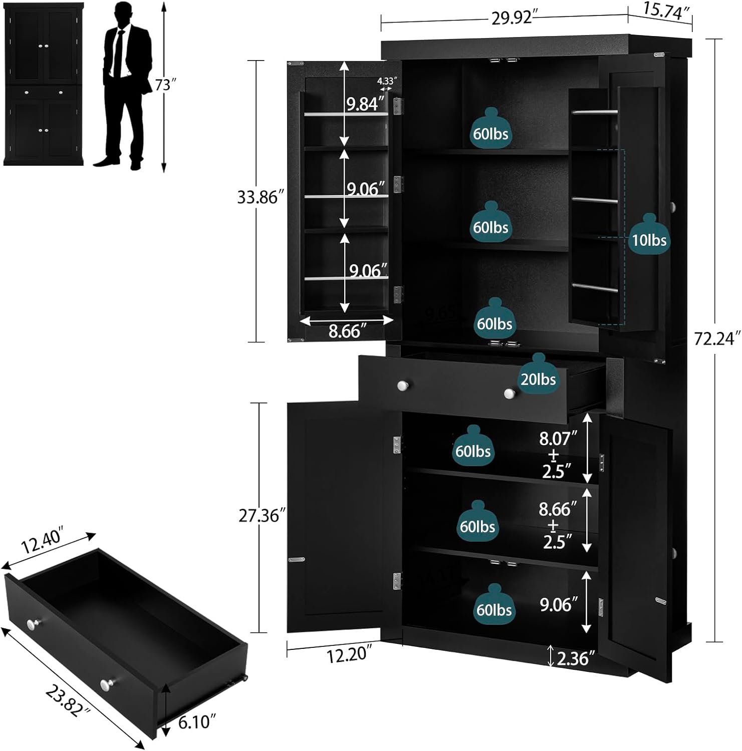 usikey 72” Kitchen Pantry Cabinet, Tall Storage Cabinet with 4 Doors and 1 Drawer, Freestanding Cupboard with 6 Hanging Shelves and Adjustable Shelves for Kitchen, Dining Room,Living Room, Black