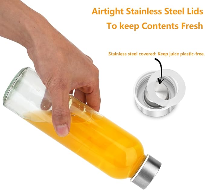 Glass Juice Bottles with Lids for Juicing 18 oz, Reusable Clear Glass Water Bottles with Stainless Steel Airtight Cap for Refrigerator, 100% Leak Proof, BPA Free, Set of 3