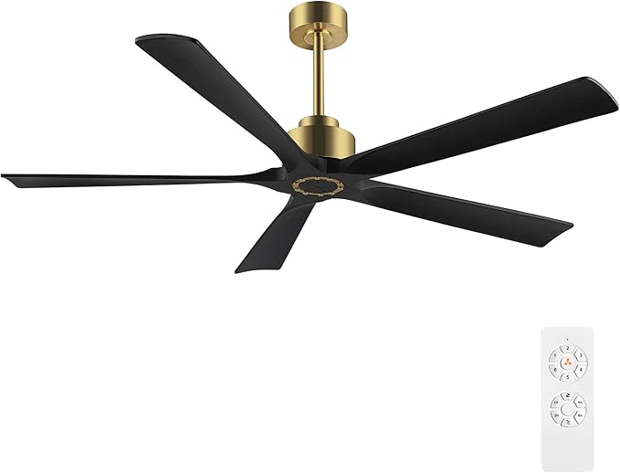 60 Inch Modern Ceiling Fan without Light, 5 Solid Wood Blades 6-Speed Noiseless Reversible DC Motor, Ceiling Fan with Remote Control for Bedroom Living Room, Gold Finish with Black Blades