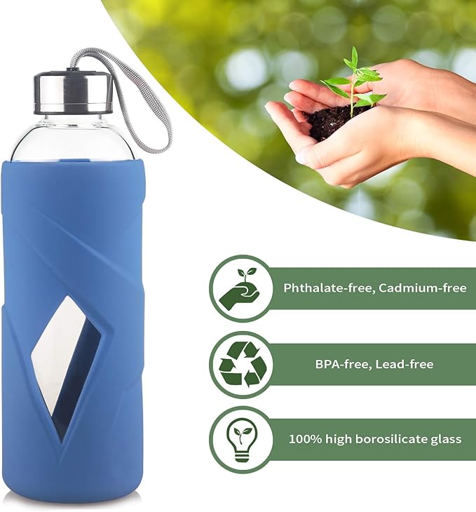 32 oz Borosilicate Glass Water Bottle BPA Free Reusable Glass Drinking Bottle with Silicone Sleeve and Stainless steel Lid
