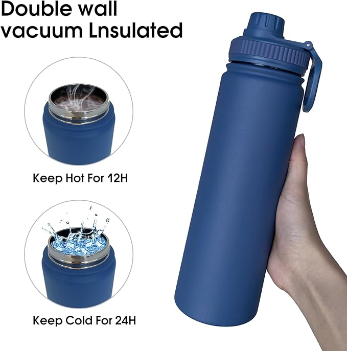 22oz Insulated Water Bottle ，Stainless Steel Sports Water Cup Flask with 2 Lids, Wide Mouth Travel Thermal Mug,Outdoor Sports Bottle（Dark Blue）
