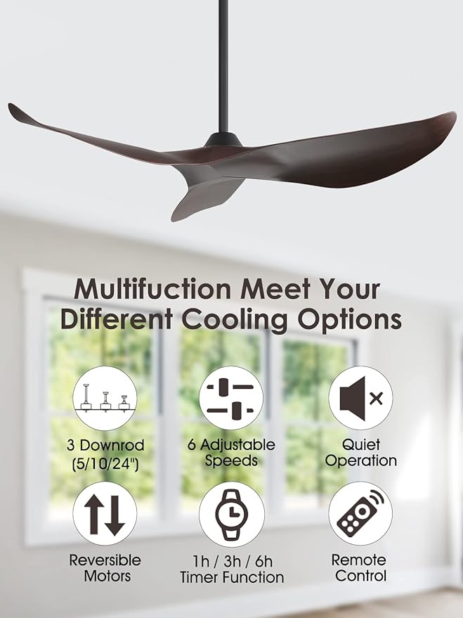 Sofucor 52" Ceiling Fan no Light and Remote Control, Modern Ceiling Fan Without Light, Indoor Outdoor Ceiling Fan with Reversible Motor, 6 Speeds, Brown