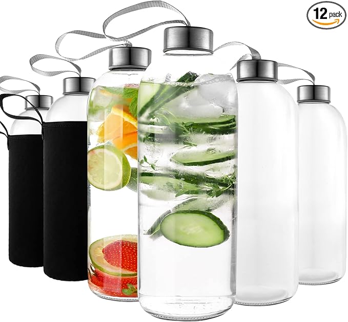 32 oz Glass Water Bottle Set of 12 - Glass Water Bottles Caps & Sleeve, Reusable Glass Bottle Lids, Clear Glass Bottles, Refillable Glass Juice Bottles for Juicing, Juicer Bottles