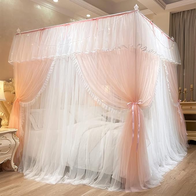 Mengersi Canopy Bed Curtains with Lights,4 Corner Bed Canopy Royal Luxurious Bed Drapes Netting,Princess Bed Curtains for Girls Adults Bedroom Decoration (Peach, Queen)