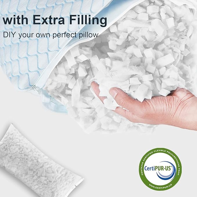 Uniqwamer Cooling Bed Pillows for Sleeping 2 Pack Shredded Memory Foam Adjustable Pillows Queen Size Set of 2 for Side Back Sleepers - Luxury Extra Comfy Gel Pillows with Washable Removable Cover