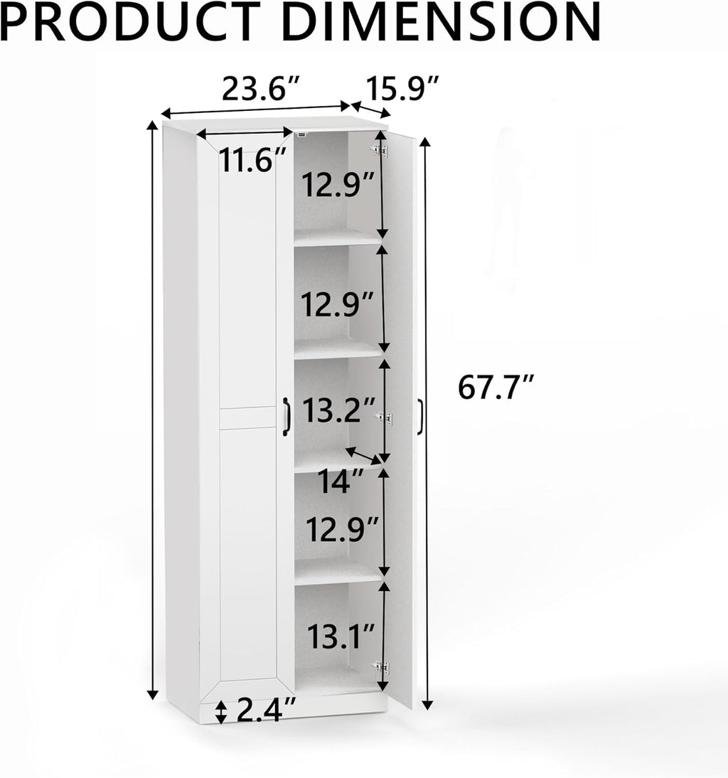 71" Tall Pantry Cabinet/Storage Cabinet, Wood Cupboard with 2 Door and 3 Adjustable Shelves for Kitchen, Dining Room, Living Room, Bathroom (Style 2)