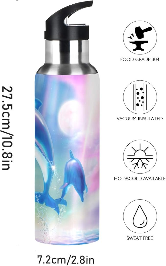 22 OZ Lovely Dolphins Water Bottle with Straw - BPA Free Leakproof Stainless Steel Water Bottle for Women Men Water Jug for Fitness Gym Outdoor Sport