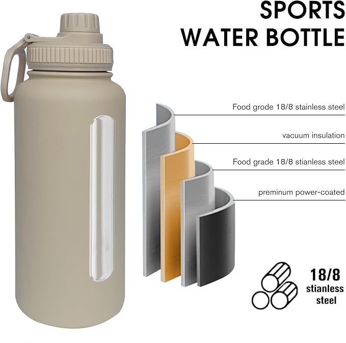 32oz Insulated Water Bottle ，Stainless Steel Sports Water Cup Flask with 2 Lids, Wide Mouth Travel Thermal Mug,Outdoor Sports Bottle（Cream apricot）