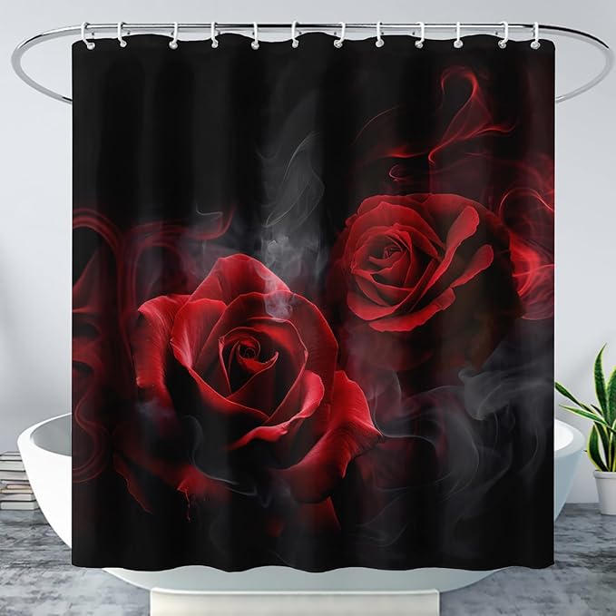 AILONEN Red and Black Rose Shower Curtain,Romantic Smoky Luxury Rose Bathroom Decor,Red Flower Garden Floral Bath Curtain,Waterproof 72" W x 84" H